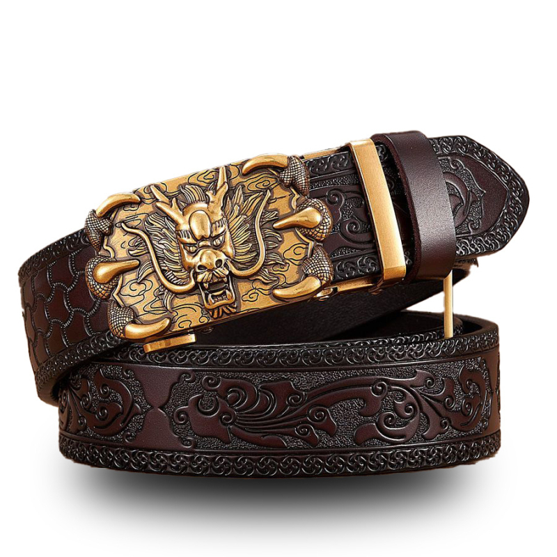 Vintage kožni remen s graviranim uzorkom Dragon King – prava koža, automatska kopča, uska širina (<2 cm), proljeće 2024