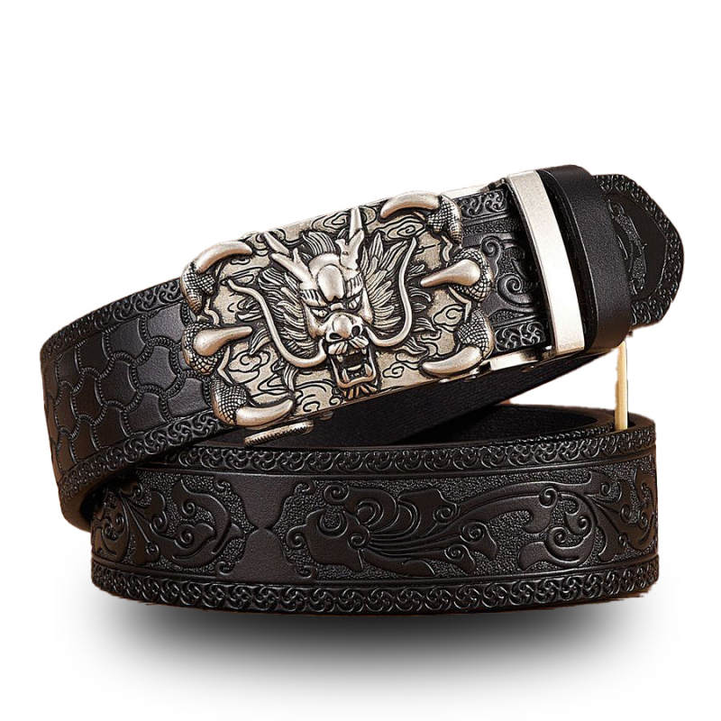Vintage kožni remen s graviranim uzorkom Dragon King – prava koža, automatska kopča, uska širina (<2 cm), proljeće 2024