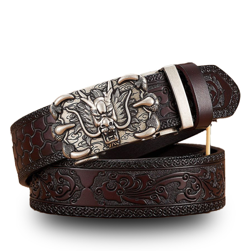 Vintage kožni remen s graviranim uzorkom Dragon King – prava koža, automatska kopča, uska širina (<2 cm), proljeće 2024