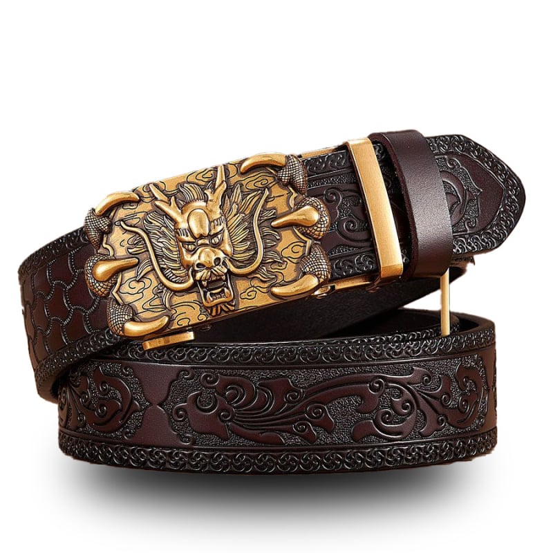 Vintage kožni remen s graviranim uzorkom Dragon King – prava koža, automatska kopča, uska širina (<2 cm), proljeće 2024