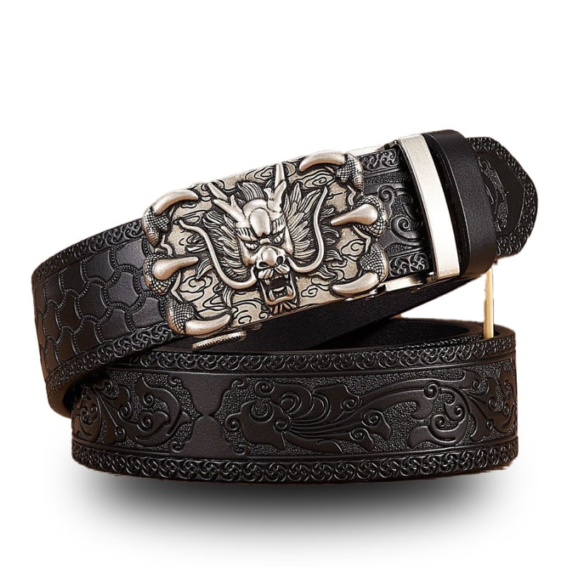 Vintage kožni remen s graviranim uzorkom Dragon King – prava koža, automatska kopča, uska širina (<2 cm), proljeće 2024