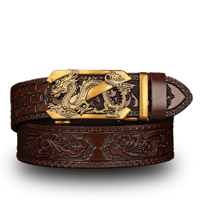Vintage kožni remen s graviranim uzorkom Dragon King – prava koža, automatska kopča, uska širina (<2 cm), proljeće 2024