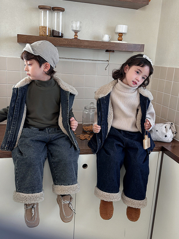 Set pentru copii din două piese: vestă din denim cu căptușeală din lână de miel și pantaloni largi, stil coreean, iarnă