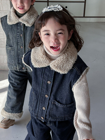 Set pentru copii din două piese: vestă din denim cu căptușeală din lână de miel și pantaloni largi, stil coreean, iarnă
