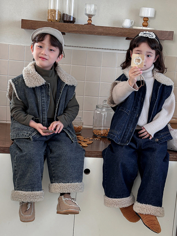 Set pentru copii din două piese: vestă din denim cu căptușeală din lână de miel și pantaloni largi, stil coreean, iarnă