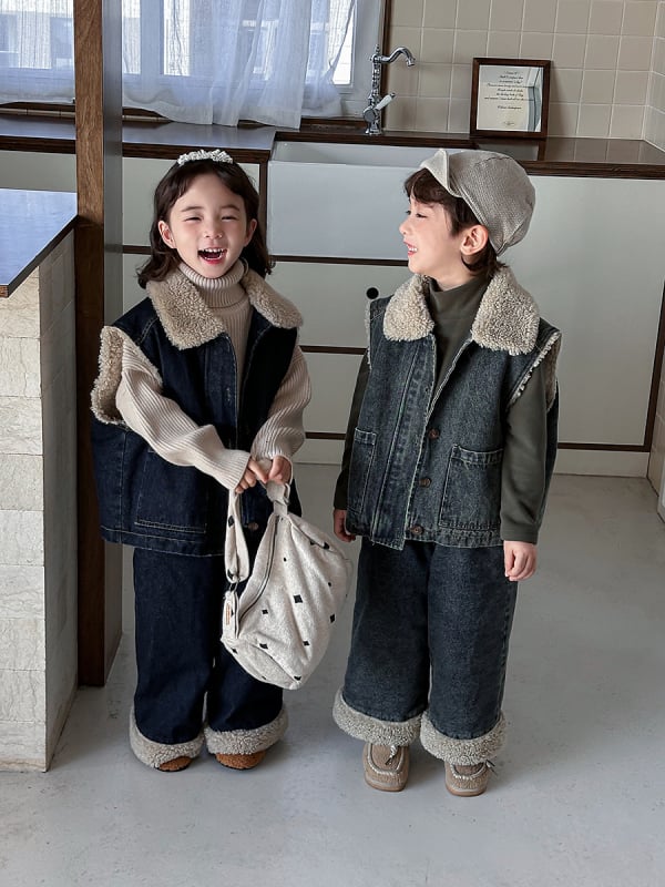 Set pentru copii din două piese: vestă din denim cu căptușeală din lână de miel și pantaloni largi, stil coreean, iarnă