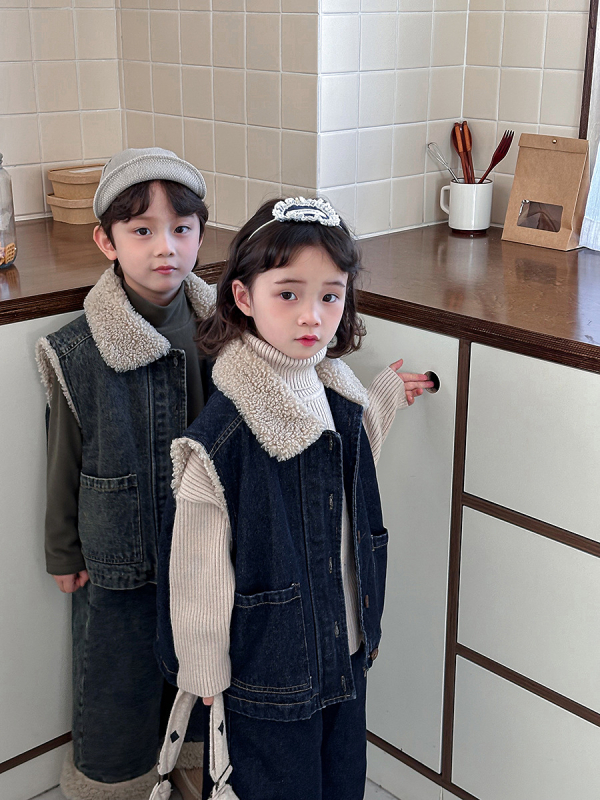 Set pentru copii din două piese: vestă din denim cu căptușeală din lână de miel și pantaloni largi, stil coreean, iarnă