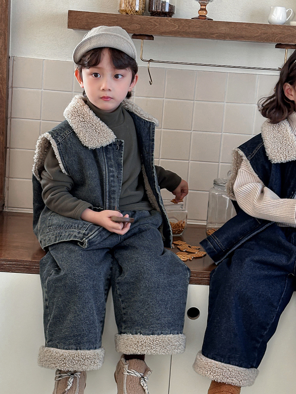 Set pentru copii din două piese: vestă din denim cu căptușeală din lână de miel și pantaloni largi, stil coreean, iarnă