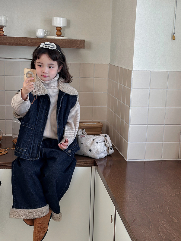 Set pentru copii din două piese: vestă din denim cu căptușeală din lână de miel și pantaloni largi, stil coreean, iarnă