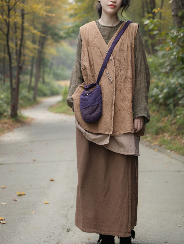 Pamut–len keresztpántos táska ovális formájú, pamut bélés, egygombos záródás, egy vállpánt, mindennapi használatra, irodalmi kínai stílusban