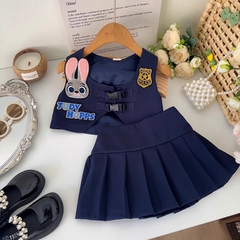 Lányoknak készült öltöny: mellény és pliszírozott szoknya inggel, iskolai stílusú, két darabból álló készlet, poliészter, 3–8 éveseknek, 2024 ősz