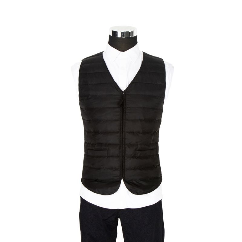 Vesta masculină cu glugă din puf, decolteu în V, croială slim, model dungat