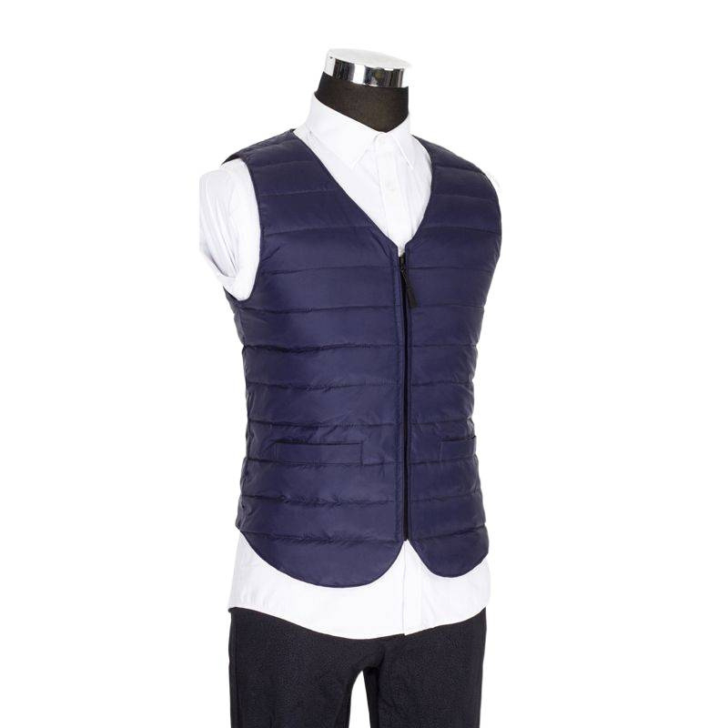 Vesta masculină cu glugă din puf, decolteu în V, croială slim, model dungat