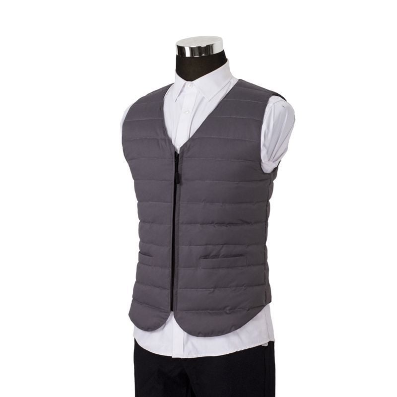 Vesta masculină cu glugă din puf, decolteu în V, croială slim, model dungat