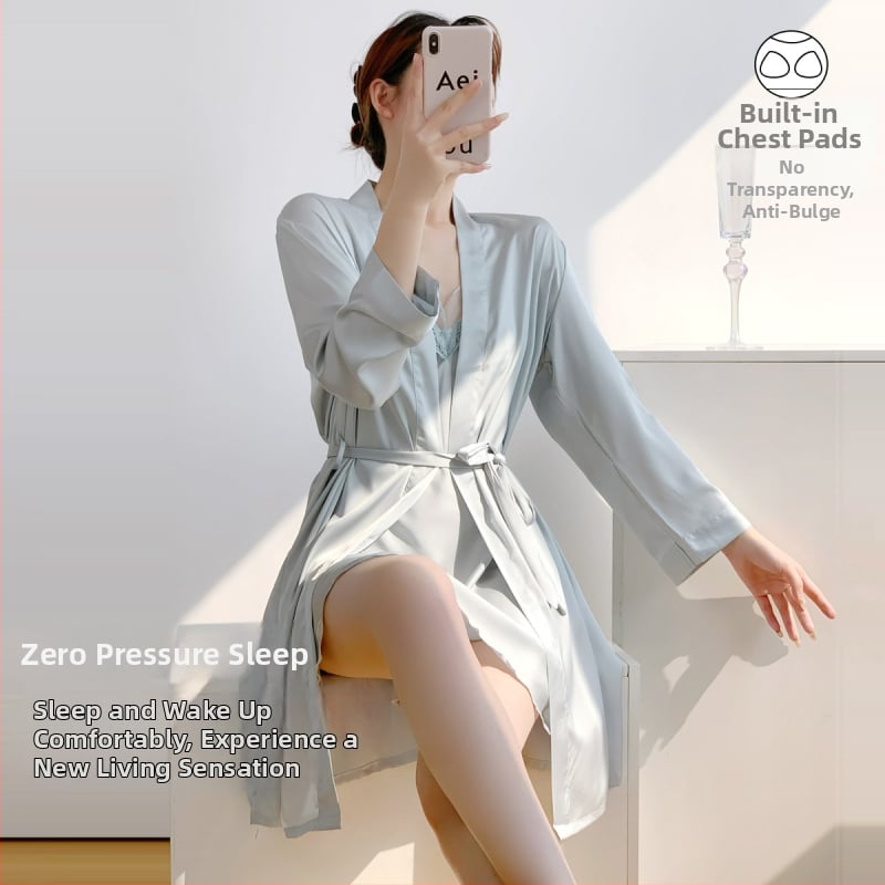 Cămașă de noapte din mătase de gheață pentru femei — cu bretele și căptușeală pentru bust, 90–95% poliester, Primăvara 2025