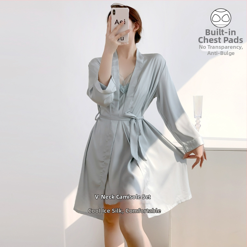 Nočná košeľa z ľadovej hodvábie pre ženy — s ramienkami a vypchávkou na prsia, 90–95% polyester, jar 2025