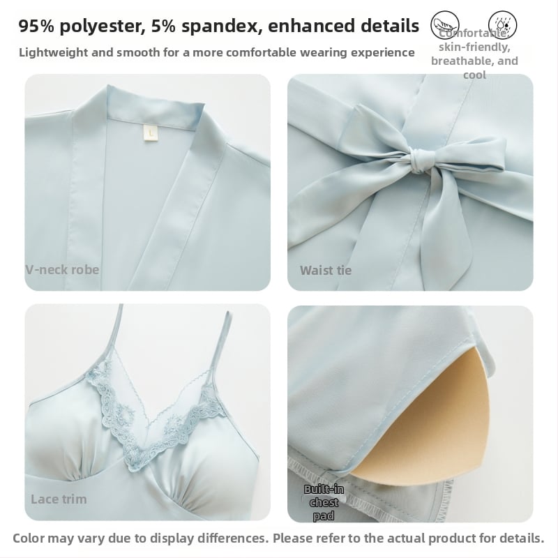 Nočná košeľa z ľadovej hodvábie pre ženy — s ramienkami a vypchávkou na prsia, 90–95% polyester, jar 2025