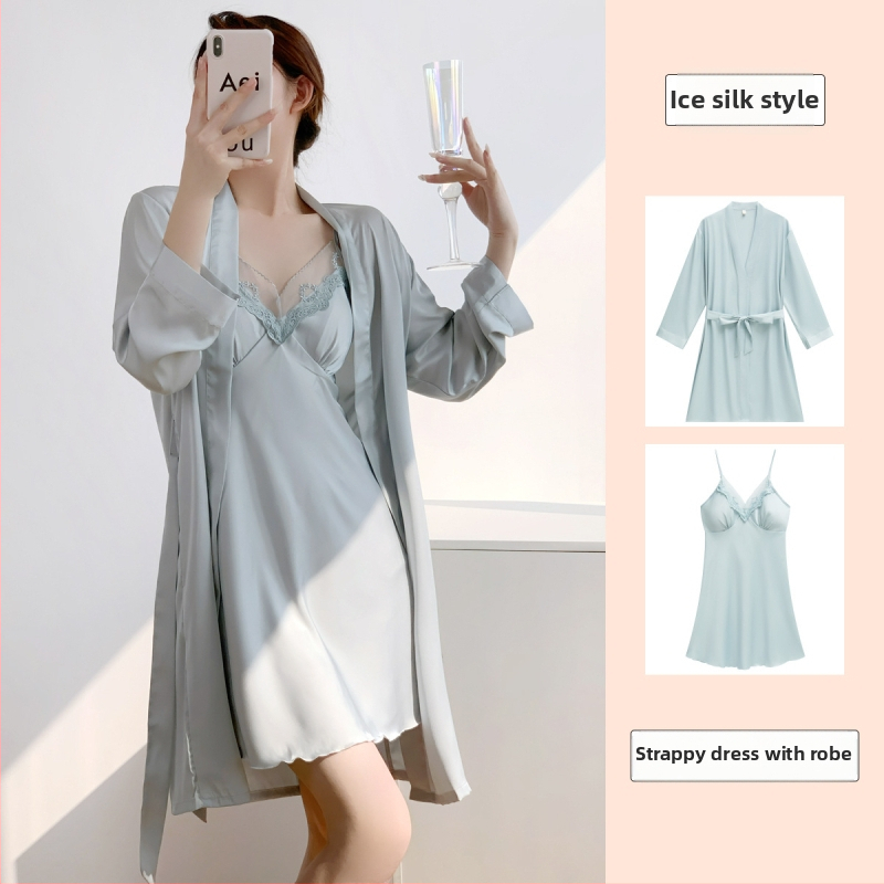 Nočná košeľa z ľadovej hodvábie pre ženy — s ramienkami a vypchávkou na prsia, 90–95% polyester, jar 2025