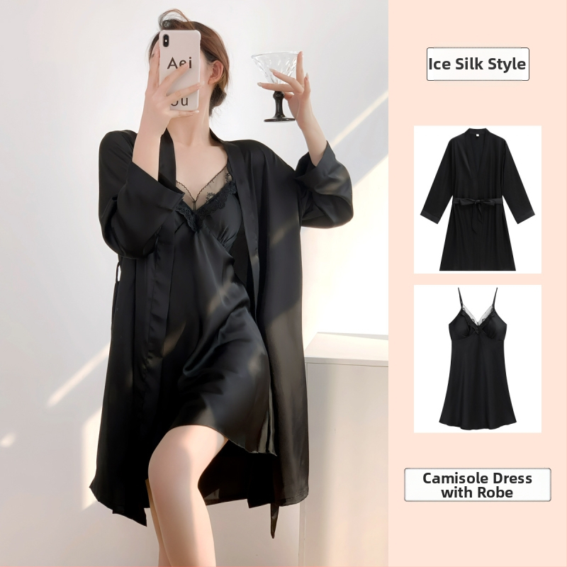 Cămașă de noapte din mătase de gheață pentru femei — cu bretele și căptușeală pentru bust, 90–95% poliester, Primăvara 2025