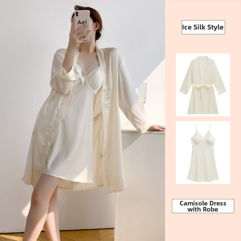 Cămașă de noapte din mătase de gheață pentru femei — cu bretele și căptușeală pentru bust, 90–95% poliester, Primăvara 2025