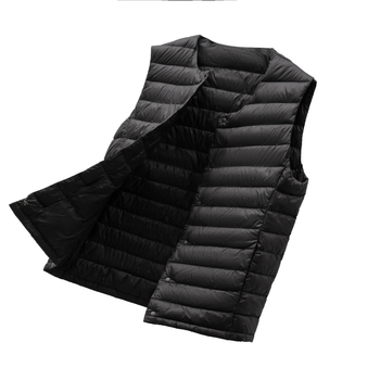 Мъжка жилетка без яка с пера, тънка и лека, найлонова материя, пълнеж бял патеши пух, еднобортна, есен-зима