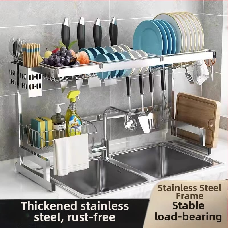 Стоманен кухненски рафт за съхранение, многоетажна поставка за мивка и сушене на съдове, държач за ножове, мултифункционално съхранение
