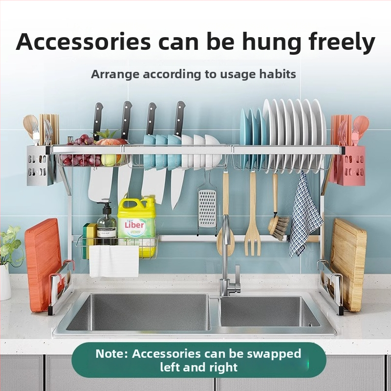 Nerezový kuchynský regál, viacposchodový stojan na drez a sušenie riadu, držiak na nože, multifunkčné skladovanie