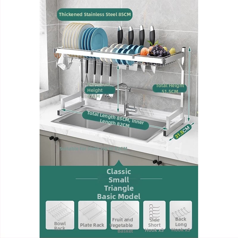Стоманен кухненски рафт за съхранение, многоетажна поставка за мивка и сушене на съдове, държач за ножове, мултифункционално съхранение