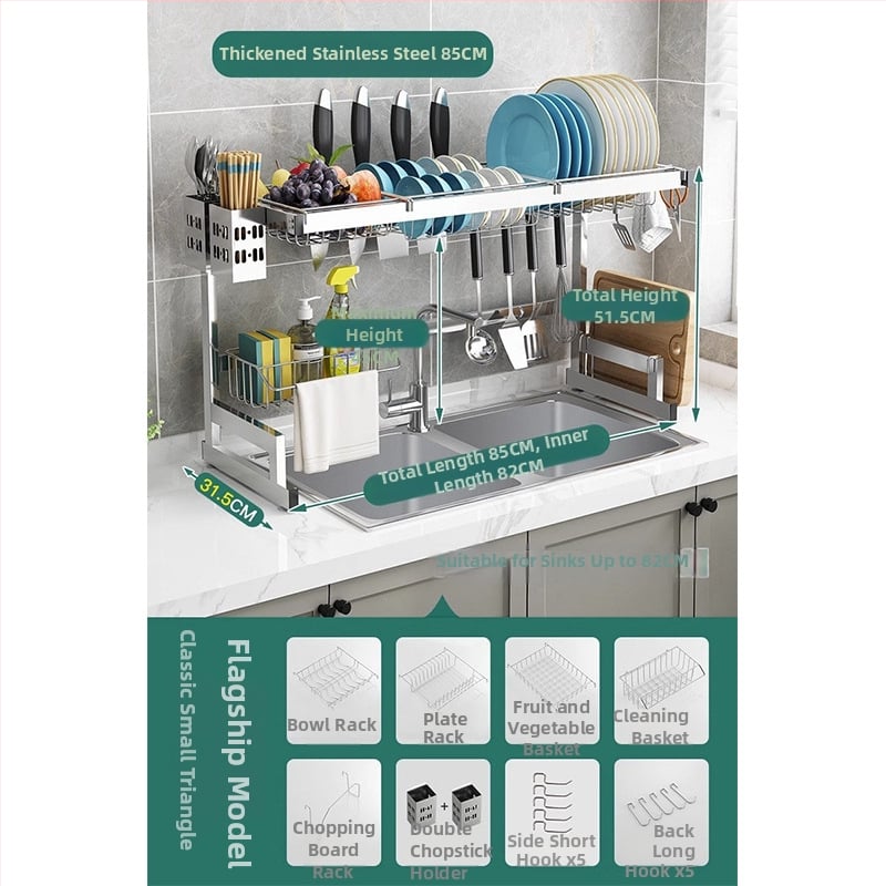 Стоманен кухненски рафт за съхранение, многоетажна поставка за мивка и сушене на съдове, държач за ножове, мултифункционално съхранение