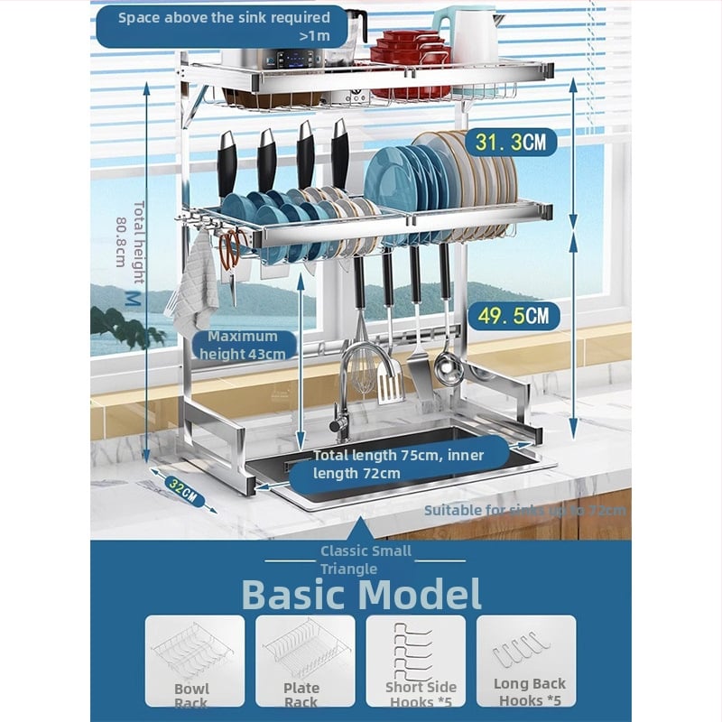 Стоманен кухненски рафт за съхранение, многоетажна поставка за мивка и сушене на съдове, държач за ножове, мултифункционално съхранение