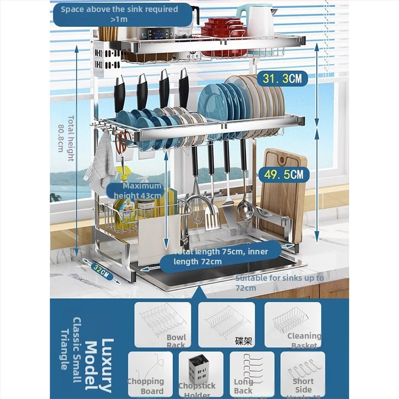 Стоманен кухненски рафт за съхранение, многоетажна поставка за мивка и сушене на съдове, държач за ножове, мултифункционално съхранение