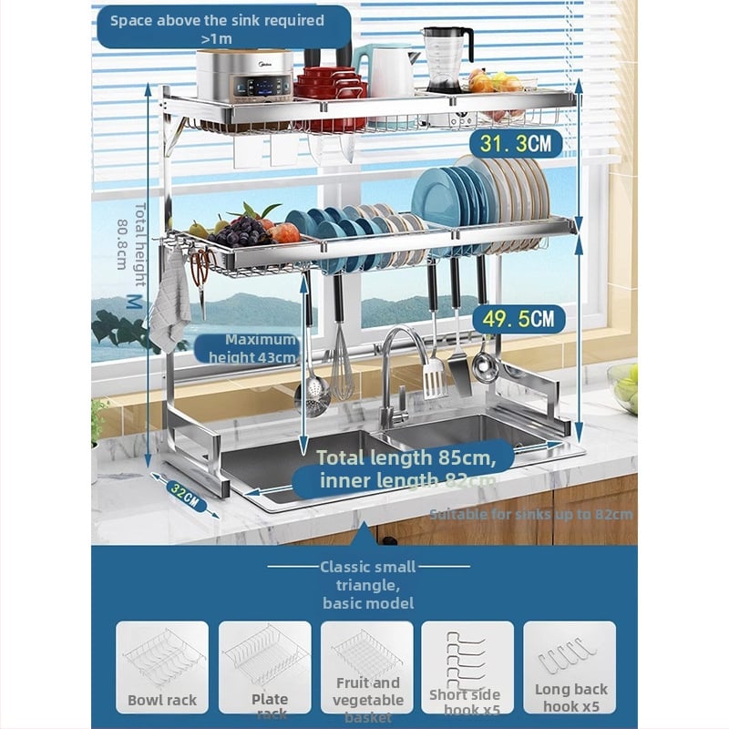 Стоманен кухненски рафт за съхранение, многоетажна поставка за мивка и сушене на съдове, държач за ножове, мултифункционално съхранение