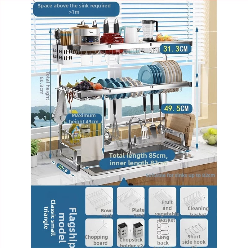 Стоманен кухненски рафт за съхранение, многоетажна поставка за мивка и сушене на съдове, държач за ножове, мултифункционално съхранение
