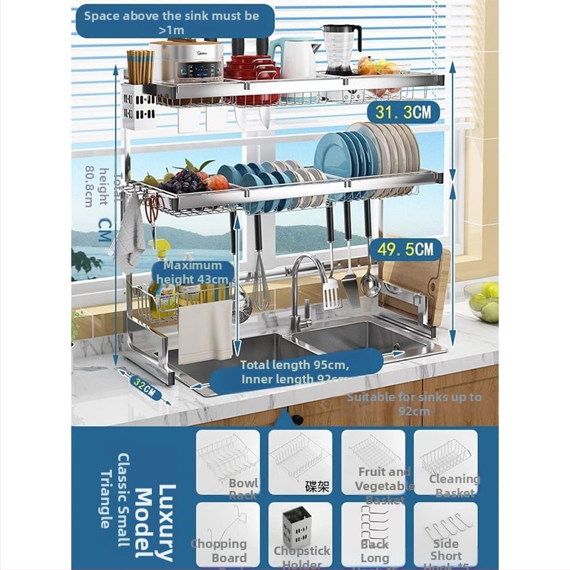 Стоманен кухненски рафт за съхранение, многоетажна поставка за мивка и сушене на съдове, държач за ножове, мултифункционално съхранение