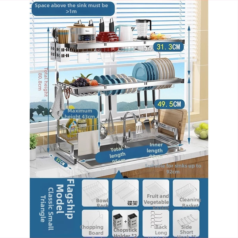 Стоманен кухненски рафт за съхранение, многоетажна поставка за мивка и сушене на съдове, държач за ножове, мултифункционално съхранение