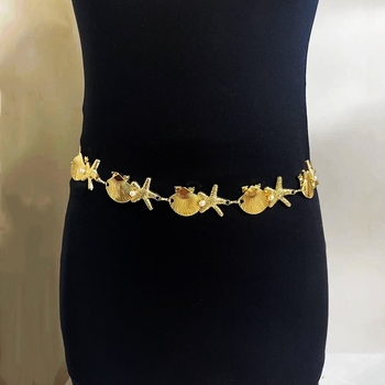 Талийна верижка със морски черупки, перли, морска звезда и раковина – богемски стил, дамски аксесоар (талийна верижка • метал • универсален стил • двойни халки • лято 2025)