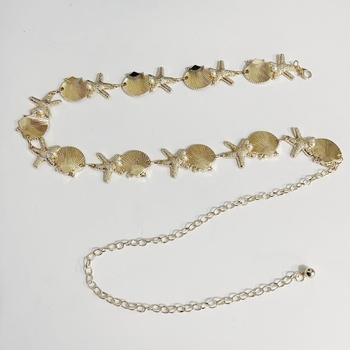 Талийна верижка със морски черупки, перли, морска звезда и раковина – богемски стил, дамски аксесоар (талийна верижка • метал • универсален стил • двойни халки • лято 2025)