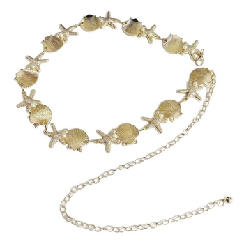 Талийна верижка със морски черупки, перли, морска звезда и раковина – богемски стил, дамски аксесоар (талийна верижка • метал • универсален стил • двойни халки • лято 2025)