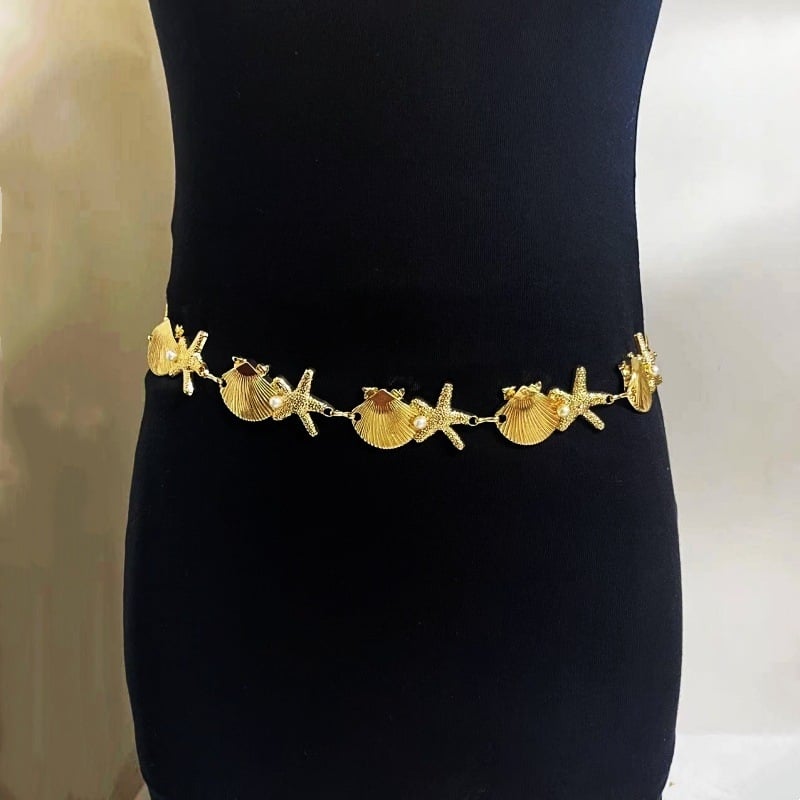 Талийна верижка със морски черупки, перли, морска звезда и раковина – богемски стил, дамски аксесоар (талийна верижка • метал • универсален стил • двойни халки • лято 2025)