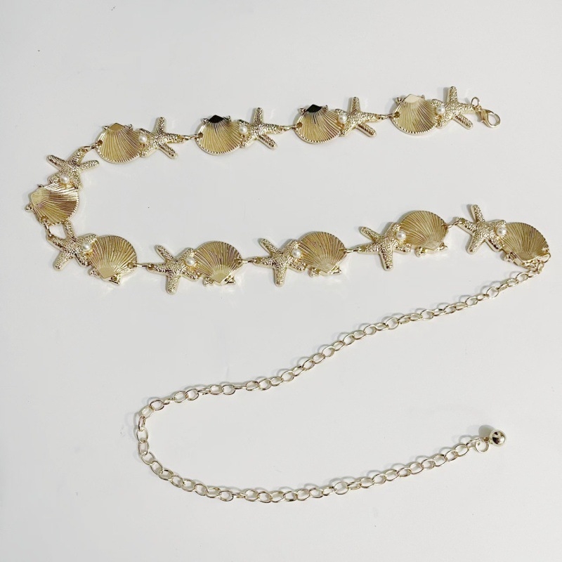 Талийна верижка със морски черупки, перли, морска звезда и раковина – богемски стил, дамски аксесоар (талийна верижка • метал • универсален стил • двойни халки • лято 2025)