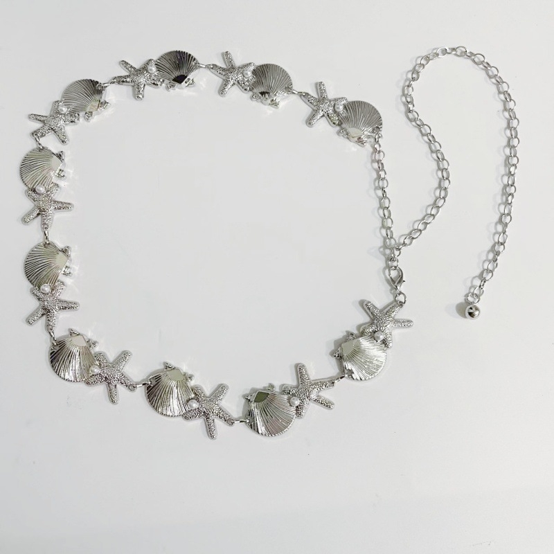 Талийна верижка със морски черупки, перли, морска звезда и раковина – богемски стил, дамски аксесоар (талийна верижка • метал • универсален стил • двойни халки • лято 2025)