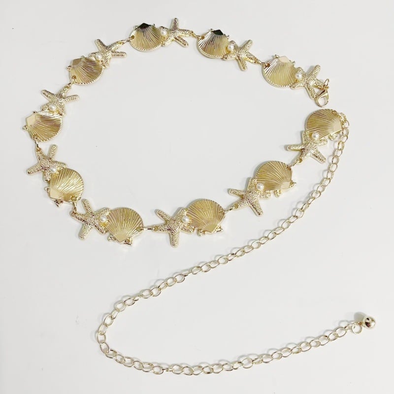 Талийна верижка със морски черупки, перли, морска звезда и раковина – богемски стил, дамски аксесоар (талийна верижка • метал • универсален стил • двойни халки • лято 2025)