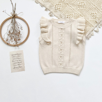 Djevojački pleteni prsluk-pulover, 97% pamuk, pleteni materijal, 12–14 očiju na 3 cm, za dob 3–8 godina
