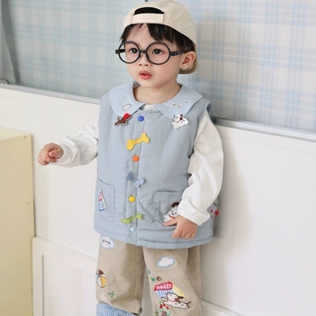 Dječji dvostrano podstavljeni vest za zimu s izvezenom karikaturom, unisex, za djecu 3-8 godina