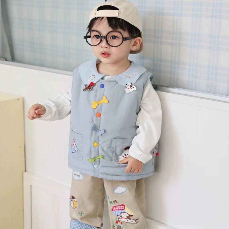 Dječji dvostrano podstavljeni vest za zimu s izvezenom karikaturom, unisex, za djecu 3-8 godina