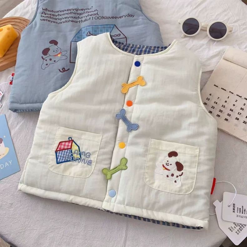 Dječji dvostrano podstavljeni vest za zimu s izvezenom karikaturom, unisex, za djecu 3-8 godina