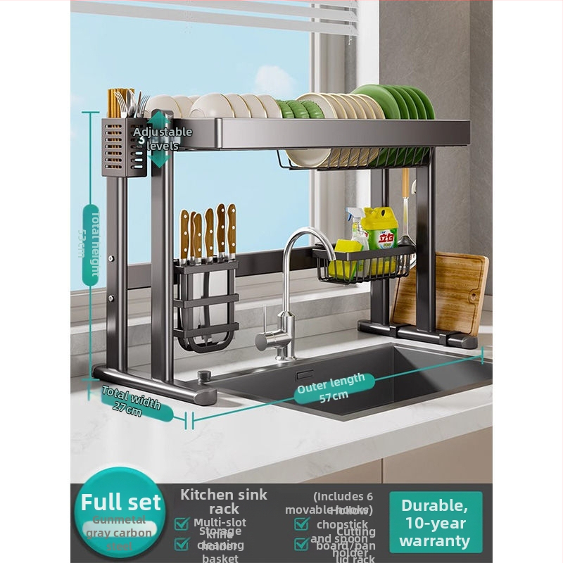 Mosogató fölötti edénytartó állvány, szénacél, többfunkciós konyhai szervező