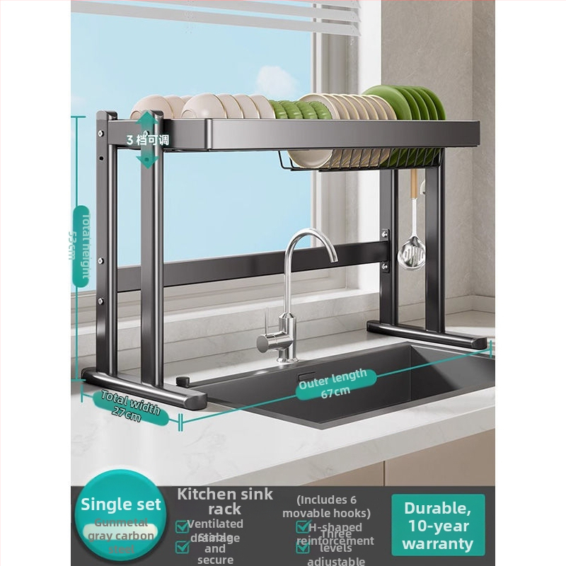 Mosogató fölötti edénytartó állvány, szénacél, többfunkciós konyhai szervező