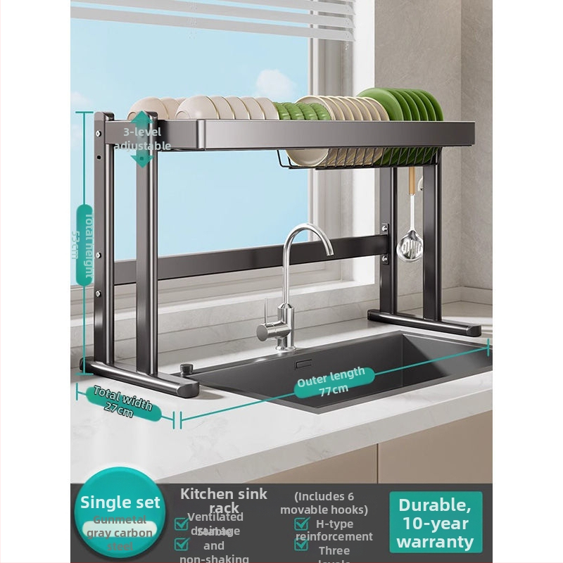 Mosogató fölötti edénytartó állvány, szénacél, többfunkciós konyhai szervező