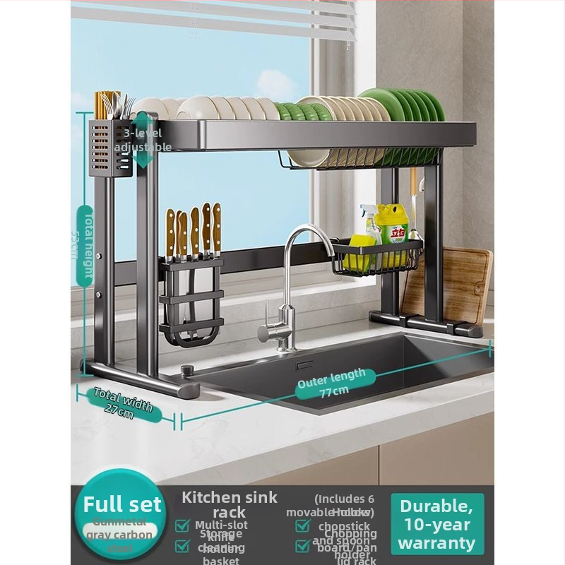 Mosogató fölötti edénytartó állvány, szénacél, többfunkciós konyhai szervező